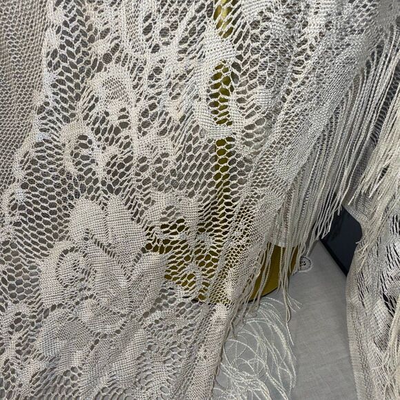 White Lace Fringe Shawl Wrap | Romantic Floral Mantilla Scarf 64x60 + 7” Fringe - Picture 6 of 11